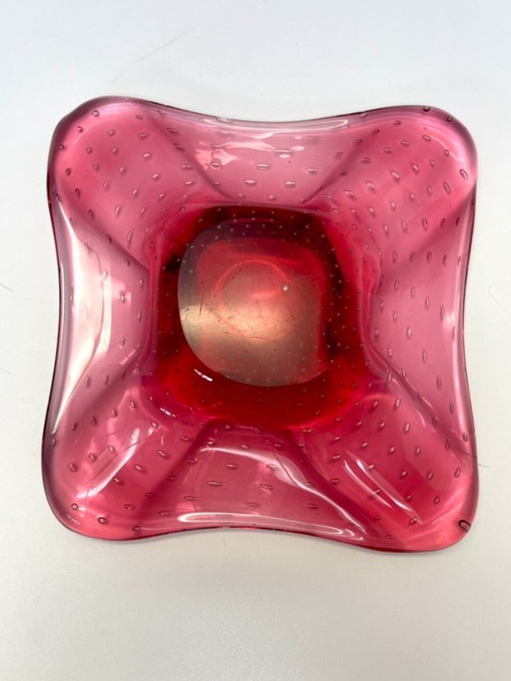 Vintage Cranberry Controlled Bubble Art Glass Bowl Plate 8” - Picture 3 of 8